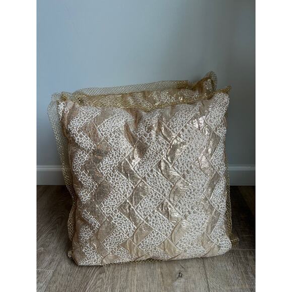 Set of 2 Handmade Satin Geometric Textured Champagne Throw Pillows - Picture 5 of 5